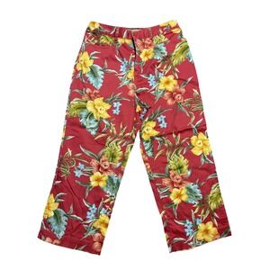 Caribbean Joe Capri Pants Womens 10 Red Floral Tropical Hawaiian Stretch Cotton
